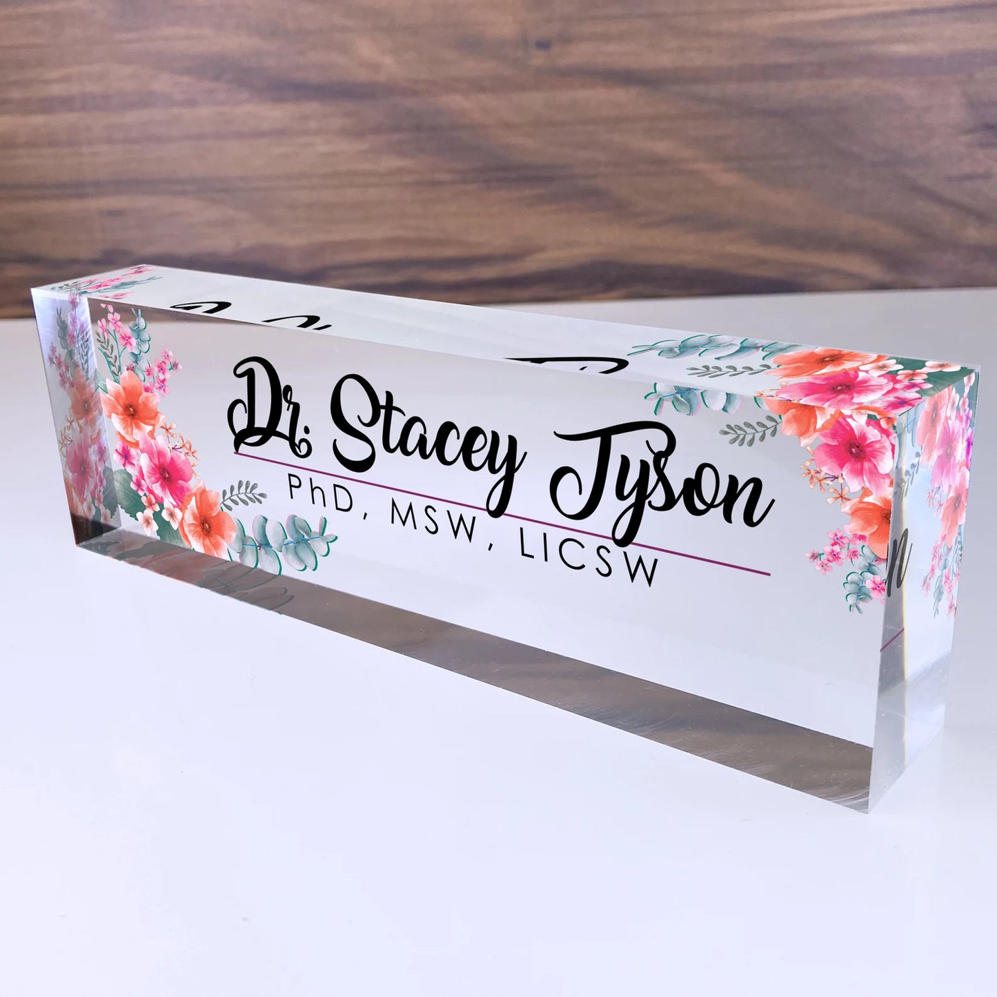 Personalized Name Plate for Desk | Flowers Wild Design On Clear Acrylic Glass