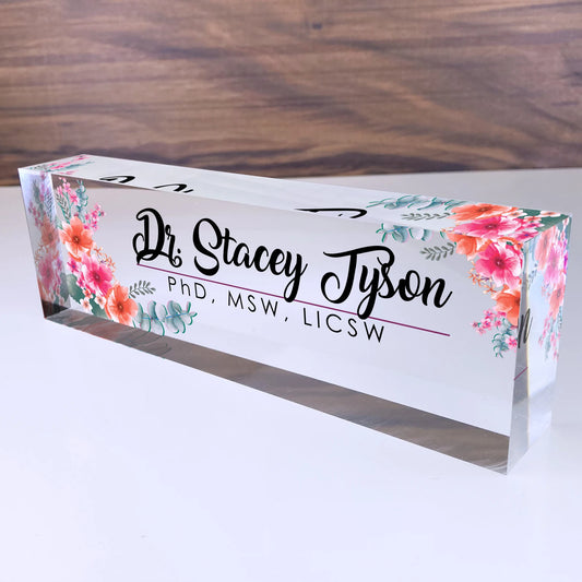 Personalized Name Plate for Desk | Flowers Wild Design On Clear Acrylic Glass